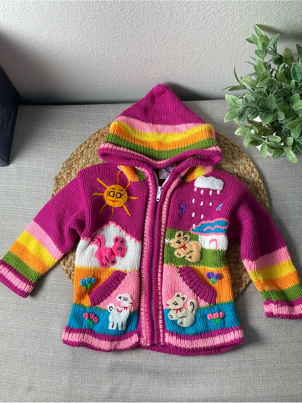 Isabella Mia Peru Size 0 Hooded Knit Sweater Animal Appliqué Colorful